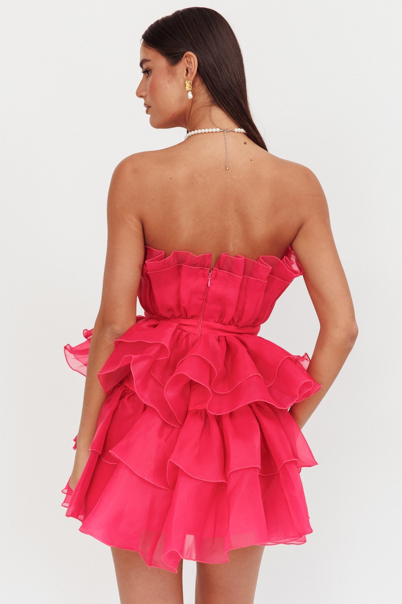 Bon Bon Tiered Chiffon Mini Dress Fuchsia