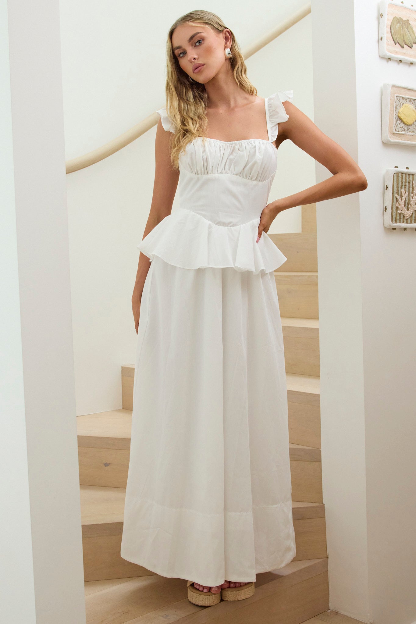 Provence Bloom Peplum Maxi Dress Off White